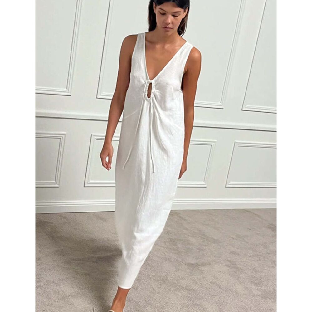 DEIJI STUDIOS Keyhole 100% Linen Maxi Dress White S/M NEW NWT
